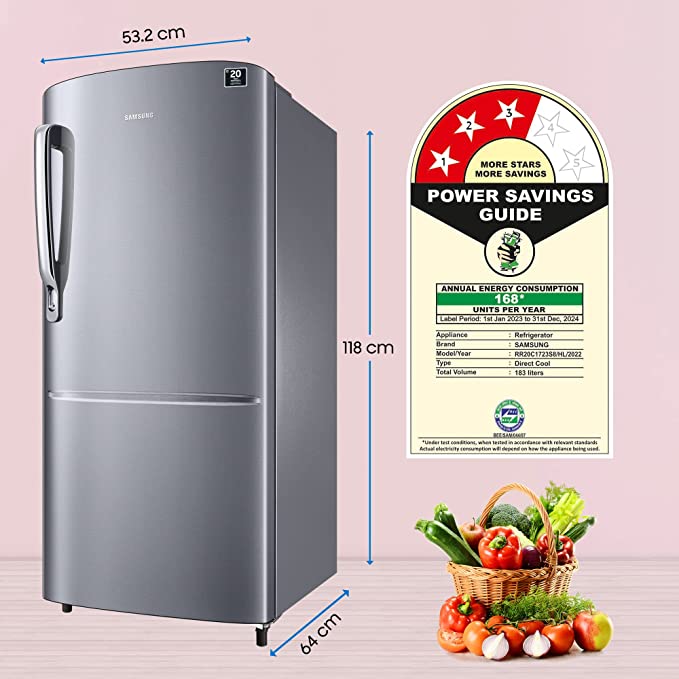Samsung 183 L 3 Star Digital Inverter Direct Cool Single Door Refrigerator (RR20C1723S8/HL, Silver, Elegant Inox 2023 Model) Samsung 183 L 3 Star Digital Inverter Direct Cool Single Door Refrigerator (RR20C1723S8/HL, Silver, Elegant Inox 2023 Model)